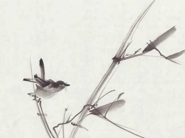 Kuş sumi-e mürekkep boyama