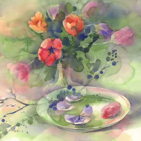 Тюльпаны с акварелью — стоковое фото