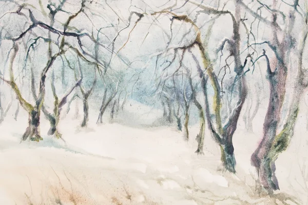 Macieira árvore inverno jardim aquarela — Fotografia de Stock