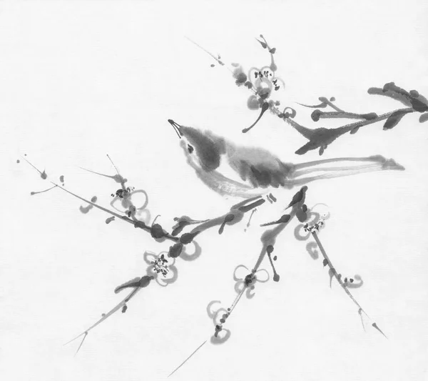 Vogel auf einem Kirschzweig Sumi-e Tuschemalerei — Stockfoto