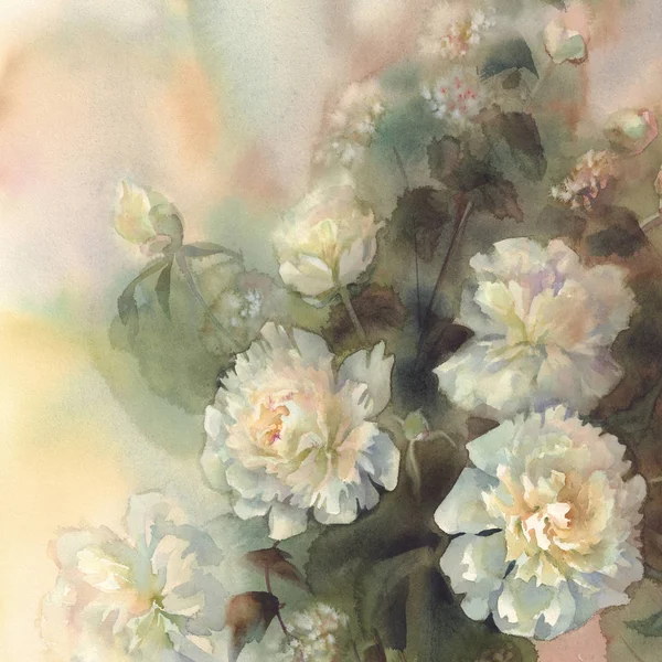 Bouquet di peonie bianche acquerello — Foto Stock