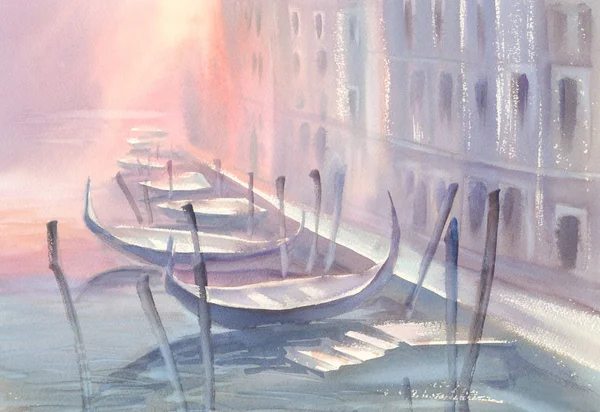 Gondolas in Venice morning watercolor — Stock Photo, Image