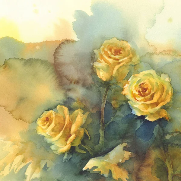 Rose gialle nature morte acquerello — Foto Stock