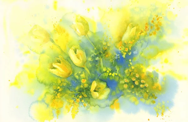 Lale ve Mimoza çiçeği suluboya