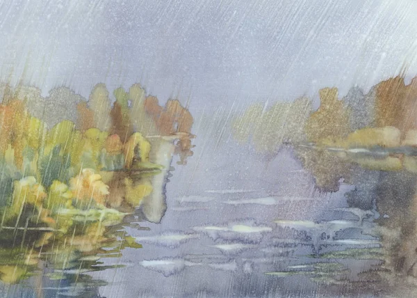 Outono chuva aquarela paisagem — Fotografia de Stock
