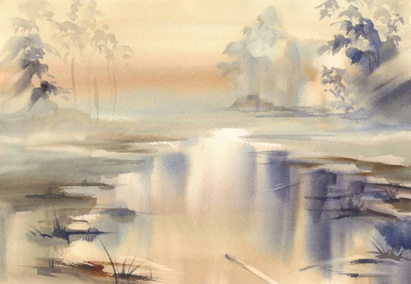 Rivière dans la brume paysage aquarelle — Photo