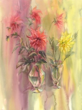 Kırmızı ve sarı dahlias vazo suluboya içinde