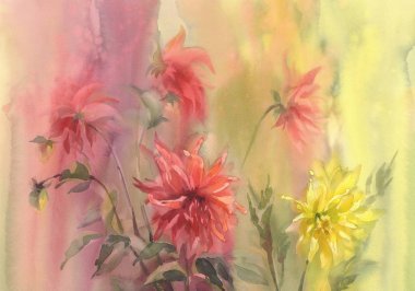 Kırmızı ve sarı dahlias vazo suluboya içinde