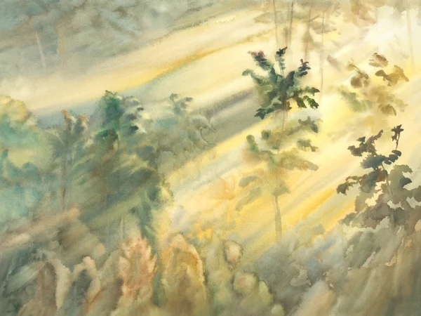 Sole mattina foresta paesaggio acquerello — Foto Stock