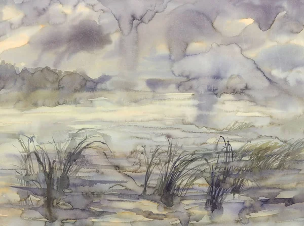 Ветер пейзаж с облаками акварель — стоковое фото