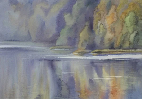 Floresta pelo lago tre paisagem aquarela — Fotografia de Stock