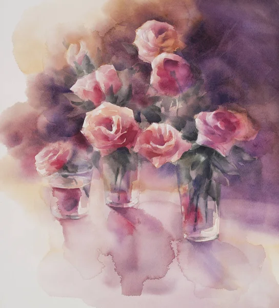 赤いバラの水彩画 — ストック写真