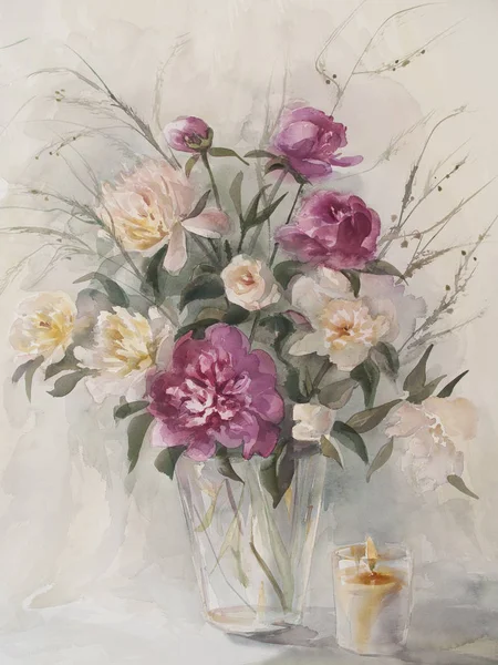 Bouquet of color peonies with candle watercolor — Stock Photo, Image