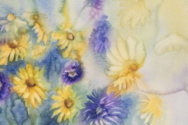 Sarı Mavi yaz çiçek buketi suluboya