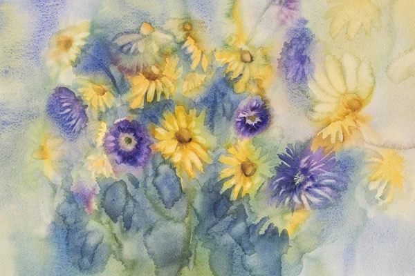 Yellow blue summer flowers bouquet watercolor — Stock Photo, Image