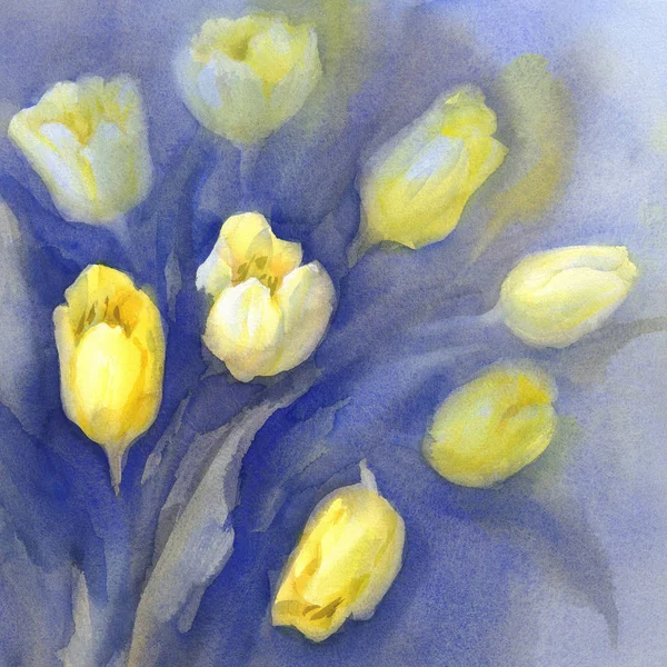 Gelbe Tulpen auf blauem Hintergrund Aquarell — Stockfoto