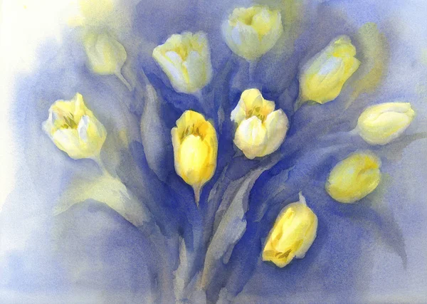 Желтые тюльпаны на голубом фоне акварели — стоковое фото