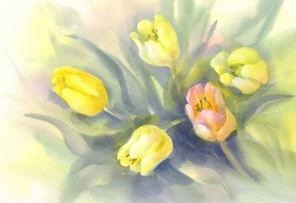 White, yellow and pink tulips watercolor on green background — Stock Photo, Image