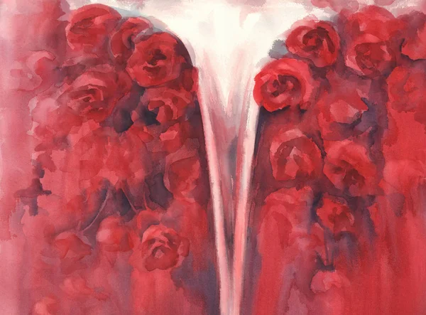 Rode rozen en waterval aquarel achtergrond — Stockfoto