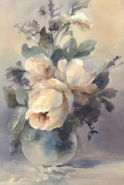白牡丹水彩画の花束 — ストック写真