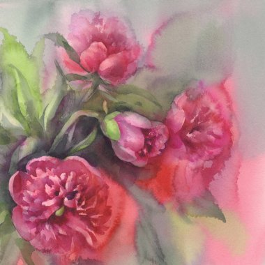 koyu mor peonies suluboya