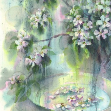 elma ağacı çiçek yağmur suluboya