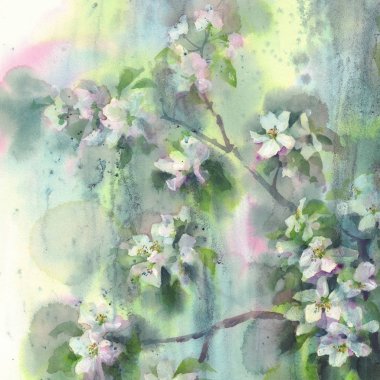 elma ağacı çiçek yağmur suluboya