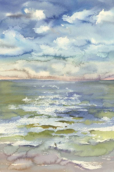 水彩の海の波と雲 — ストック写真