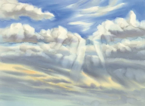 Ég, a felhők és a nap sugarai akvarell háttér — Stock Fotó