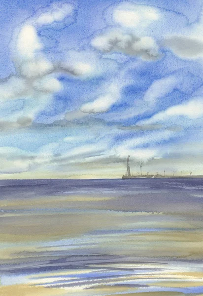 Утро у моря с облаками волн акварельный фон — стоковое фото