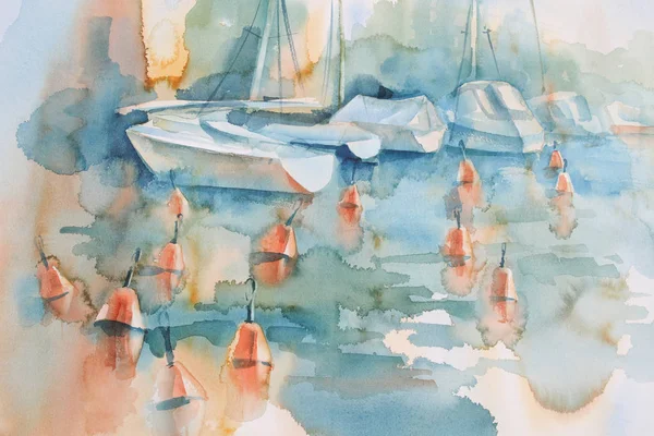 Boote und Bojen Aquarell Hintergrund — Stockfoto