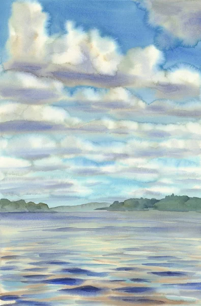 Mraky nad jezero akvarel — Stock fotografie