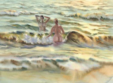 akşam deniz güneş yıkananlara suluboya