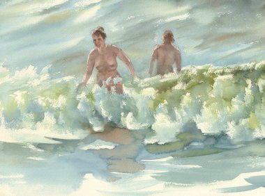 sabah deniz güneş yıkananlara suluboya