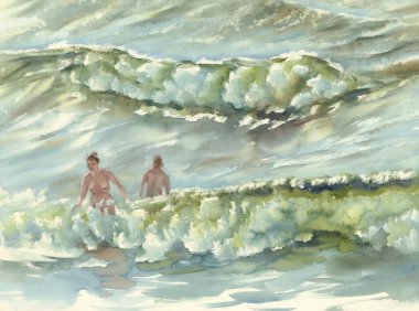 sabah deniz güneş yıkananlara suluboya