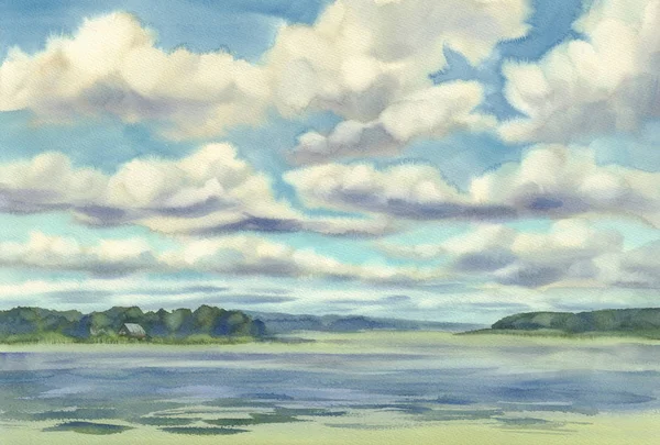 Облака над акварелью озера — стоковое фото