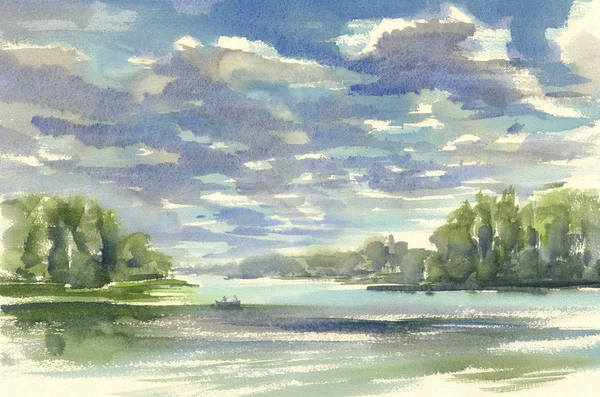 Göl suluboya üzerinde kara bulutlar