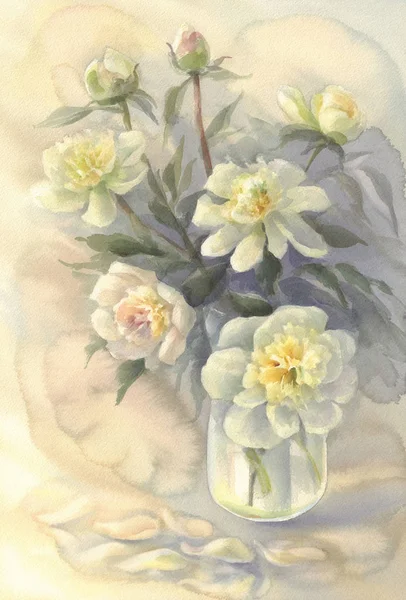 Bouquet of white peonies in vase watercolor — Stock Photo, Image