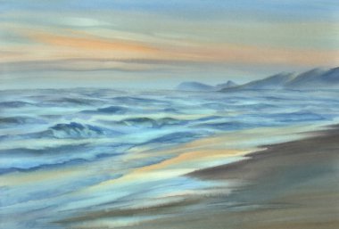 gece deniz görünümü suluboya