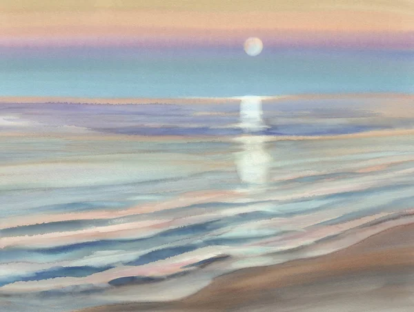 Moonlight seascape akwarela — Zdjęcie stockowe