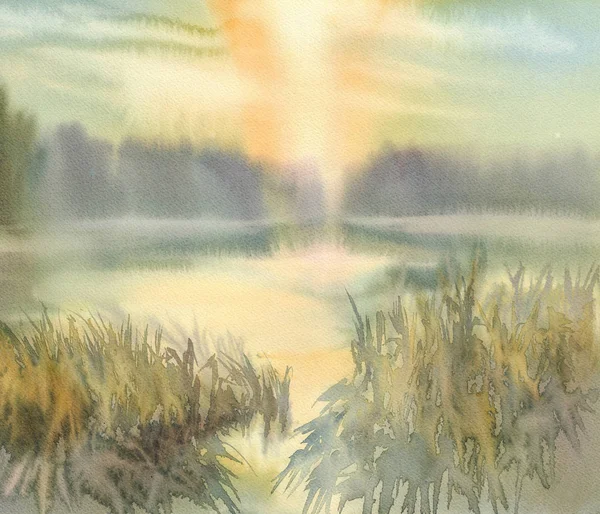 Coucher de soleil sur le fond aquarelle du lac — Photo
