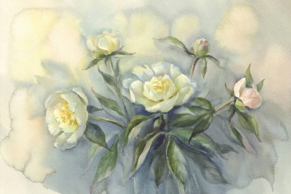 Bouquet of white peonies watercolor — Stock Photo, Image