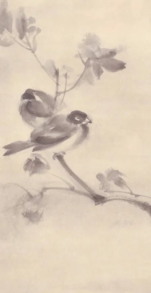 Birds on a tree autumn landscape ink painting