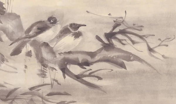 Birds on a tree autumn landscape ink painting