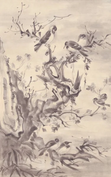 Birds on a tree autumn landscape ink painting
