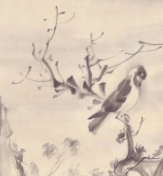 Birds on a tree autumn landscape ink painting