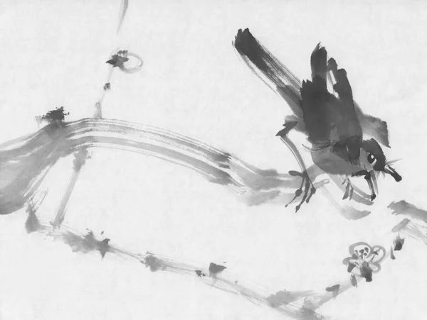 Vogel op een schilderij van cherry tak sumi-e inkt — Stockfoto
