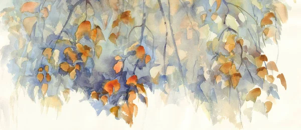 Branches de bouleau d'automne avec des feuilles fond aquarelle — Photo