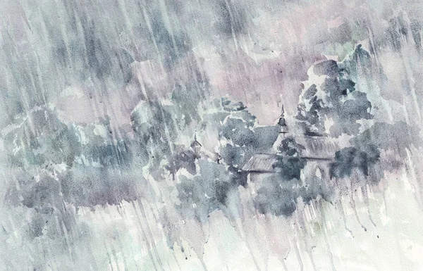 Rainy landscape in the countryside watercolor background — Stock Photo, Image