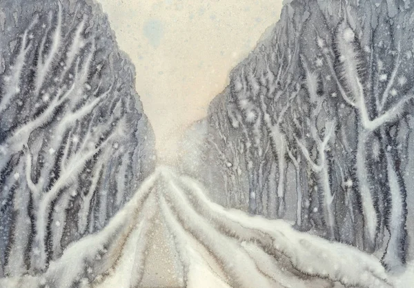 Inverno neve estrada aquarela fundo — Fotografia de Stock